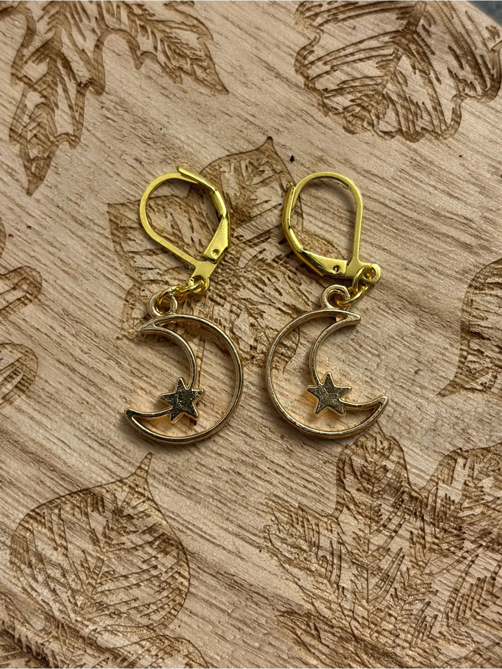 Gold Crescent Moon and Star Leverback Earrings - Handmade